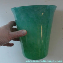 Load image into Gallery viewer, Large MONART Scottish Art Glass Vase. G Shape. Mottled Aqua Green &amp; Blue. 7 1/4 inches high 
