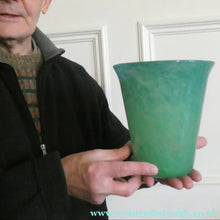 Load image into Gallery viewer, Large MONART Scottish Art Glass Vase. G Shape. Mottled Aqua Green &amp; Blue. 7 1/4 inches high 
