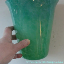 Load image into Gallery viewer, Large MONART Scottish Art Glass Vase. G Shape. Mottled Aqua Green &amp; Blue. 7 1/4 inches high 
