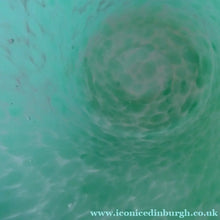 Load image into Gallery viewer, Large MONART Scottish Art Glass Vase. G Shape. Mottled Aqua Green &amp; Blue. 7 1/4 inches high 
