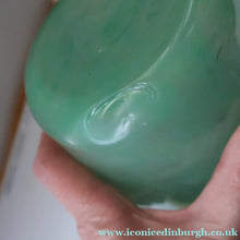 Load image into Gallery viewer, SCOTTISH GLASS. Large MONART Glass Vase (a/f). CC Shape. Mottled Green Black and Gold Aventurine Flakes. 9 3/4 inches
