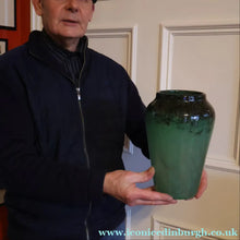 Load image into Gallery viewer, Large Green Monart Glass Vase with Black Flecks and Gold Aventurine. 9 3/4 inches
