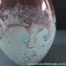 Load image into Gallery viewer, SCOTTISH GLASS. Large MONART Glass Vase. Bulbous Shape (MF). Mottled Pale Blue with Pale Grey Neck. 9 inches high
