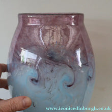Load image into Gallery viewer, SCOTTISH GLASS. Large MONART Glass Vase. Bulbous Shape (MF). Mottled Pale Blue with Pale Grey Neck. 9 inches high
