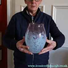 Load image into Gallery viewer, SCOTTISH GLASS. Large MONART Glass Vase. Bulbous Shape (MF). Mottled Pale Blue with Pale Grey Neck. 9 inches high
