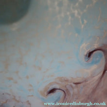 Load image into Gallery viewer, SCOTTISH GLASS. Large MONART Glass Vase. Bulbous Shape (MF). Mottled Pale Blue with Pale Grey Neck. 9 inches high
