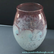 Load image into Gallery viewer, SCOTTISH GLASS. Large MONART Glass Vase. Bulbous Shape (MF). Mottled Pale Blue with Pale Grey Neck. 9 inches high
