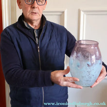 Load image into Gallery viewer, SCOTTISH GLASS. Large MONART Glass Vase. Bulbous Shape (MF). Mottled Pale Blue with Pale Grey Neck. 9 inches high
