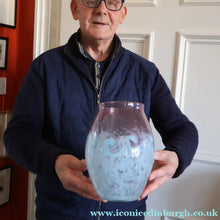 Load image into Gallery viewer, SCOTTISH GLASS. Large MONART Glass Vase. Bulbous Shape (MF). Mottled Pale Blue with Pale Grey Neck. 9 inches high

