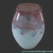 Load image into Gallery viewer, SCOTTISH GLASS. Large MONART Glass Vase. Bulbous Shape (MF). Mottled Pale Blue with Pale Grey Neck. 9 inches high
