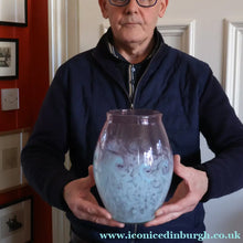 Load image into Gallery viewer, SCOTTISH GLASS. Large MONART Glass Vase. Bulbous Shape (MF). Mottled Pale Blue with Pale Grey Neck. 9 inches high
