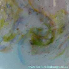 Load image into Gallery viewer, SCOTTISH GLASS. Large MONART Scottish Art Glass Vase. SA Shape. Mottled Pale Blue, Pink with Swirls &amp; Lots of Gold Aventurine Flakes. 7 3/4 inches high
