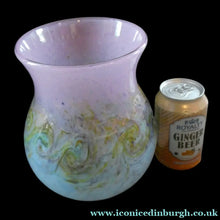 Load image into Gallery viewer, SCOTTISH GLASS. Large MONART Scottish Art Glass Vase. SA Shape. Mottled Pale Blue, Pink with Swirls &amp; Lots of Gold Aventurine Flakes. 7 3/4 inches high
