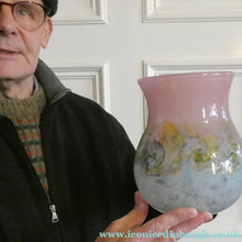 Load image into Gallery viewer, SCOTTISH GLASS. Large MONART Scottish Art Glass Vase. SA Shape. Mottled Pale Blue, Pink with Swirls &amp; Lots of Gold Aventurine Flakes. 7 3/4 inches high
