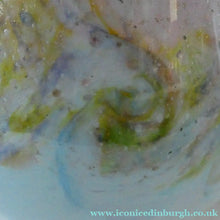 Load image into Gallery viewer, SCOTTISH GLASS. Large MONART Scottish Art Glass Vase. SA Shape. Mottled Pale Blue, Pink with Swirls &amp; Lots of Gold Aventurine Flakes. 7 3/4 inches high
