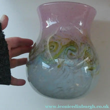 Load image into Gallery viewer, SCOTTISH GLASS. Large MONART Scottish Art Glass Vase. SA Shape. Mottled Pale Blue, Pink with Swirls &amp; Lots of Gold Aventurine Flakes. 7 3/4 inches high
