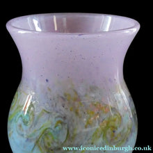 Load image into Gallery viewer, SCOTTISH GLASS. Large MONART Scottish Art Glass Vase. SA Shape. Mottled Pale Blue, Pink with Swirls &amp; Lots of Gold Aventurine Flakes. 7 3/4 inches high

