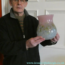 Load image into Gallery viewer, SCOTTISH GLASS. Large MONART Scottish Art Glass Vase. SA Shape. Mottled Pale Blue, Pink with Swirls &amp; Lots of Gold Aventurine Flakes. 7 3/4 inches high
