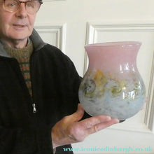 Load image into Gallery viewer, SCOTTISH GLASS. Large MONART Scottish Art Glass Vase. SA Shape. Mottled Pale Blue, Pink with Swirls &amp; Lots of Gold Aventurine Flakes. 7 3/4 inches high
