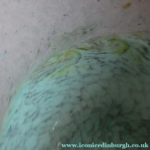 Load image into Gallery viewer, SCOTTISH GLASS. Large MONART Scottish Art Glass Vase. SA Shape. Mottled Pale Blue, Pink with Swirls &amp; Lots of Gold Aventurine Flakes. 7 3/4 inches high
