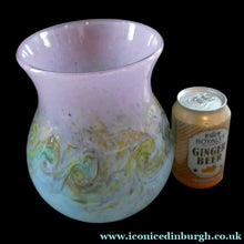 Load image into Gallery viewer, SCOTTISH GLASS. Large MONART Scottish Art Glass Vase. SA Shape. Mottled Pale Blue, Pink with Swirls &amp; Lots of Gold Aventurine Flakes. 7 3/4 inches high
