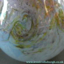 Load image into Gallery viewer, SCOTTISH GLASS. Large MONART Scottish Art Glass Vase. SA Shape. Mottled Pale Blue, Pink with Swirls &amp; Lots of Gold Aventurine Flakes. 7 3/4 inches high
