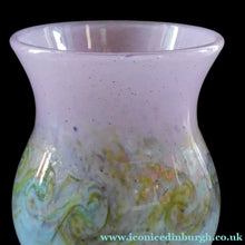 Load image into Gallery viewer, SCOTTISH GLASS. Large MONART Scottish Art Glass Vase. SA Shape. Mottled Pale Blue, Pink with Swirls &amp; Lots of Gold Aventurine Flakes. 7 3/4 inches high
