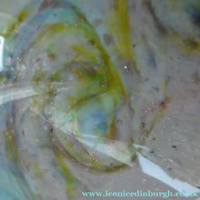 Load image into Gallery viewer, SCOTTISH GLASS. Large MONART Scottish Art Glass Vase. SA Shape. Mottled Pale Blue, Pink with Swirls &amp; Lots of Gold Aventurine Flakes. 7 3/4 inches high
