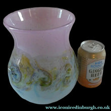 Load image into Gallery viewer, SCOTTISH GLASS. Large MONART Scottish Art Glass Vase. SA Shape. Mottled Pale Blue, Pink with Swirls &amp; Lots of Gold Aventurine Flakes. 7 3/4 inches high
