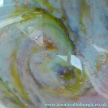 Load image into Gallery viewer, SCOTTISH GLASS. Large MONART Scottish Art Glass Vase. SA Shape. Mottled Pale Blue, Pink with Swirls &amp; Lots of Gold Aventurine Flakes. 7 3/4 inches high
