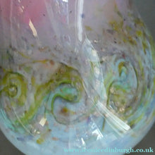 Load image into Gallery viewer, SCOTTISH GLASS. Large MONART Scottish Art Glass Vase. SA Shape. Mottled Pale Blue, Pink with Swirls &amp; Lots of Gold Aventurine Flakes. 7 3/4 inches high
