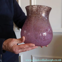 Load image into Gallery viewer, SCOTTISH GLASS. Large MONART Glass Vase. SA Shape. Mottled Pale Pink, Blush Pink and Purple &amp; Lots of Copper Aventurine Flakes. 8 inches high
