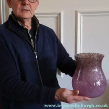 Load image into Gallery viewer, SCOTTISH GLASS. Large MONART Glass Vase. SA Shape. Mottled Pale Pink, Blush Pink and Purple &amp; Lots of Copper Aventurine Flakes. 8 inches high
