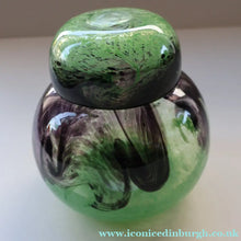 Load image into Gallery viewer, Later 1990s PERTHSHIRE GLASS Art Glass Lidded Ginger Jar. Mottled Green with Dark Purple Swirls
