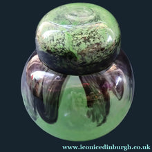 Load image into Gallery viewer, Later 1990s PERTHSHIRE GLASS Art Glass Lidded Ginger Jar. Mottled Green with Dark Purple Swirls
