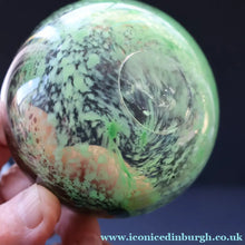 Load image into Gallery viewer, Later 1990s PERTHSHIRE GLASS Art Glass Lidded Ginger Jar. Mottled Green with Dark Purple Swirls
