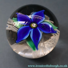 Load image into Gallery viewer, SCOTTISH GLASS. Large Vintage 1960s Strathearn Paperweight with Blue Lampwork Flower and Latticino. MAGNUM SIZE
