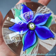 Load image into Gallery viewer, SCOTTISH GLASS. Large Vintage 1960s Strathearn Paperweight with Blue Lampwork Flower and Latticino. MAGNUM SIZE
