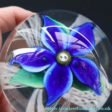 Load image into Gallery viewer, SCOTTISH GLASS. Large Vintage 1960s Strathearn Paperweight with Blue Lampwork Flower and Latticino. MAGNUM SIZE
