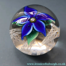 Load image into Gallery viewer, SCOTTISH GLASS. Large Vintage 1960s Strathearn Paperweight with Blue Lampwork Flower and Latticino. MAGNUM SIZE
