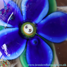 Load image into Gallery viewer, SCOTTISH GLASS. Large Vintage 1960s Strathearn Paperweight with Blue Lampwork Flower and Latticino. MAGNUM SIZE

