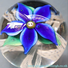 Load image into Gallery viewer, SCOTTISH GLASS. Large Vintage 1960s Strathearn Paperweight with Blue Lampwork Flower and Latticino. MAGNUM SIZE
