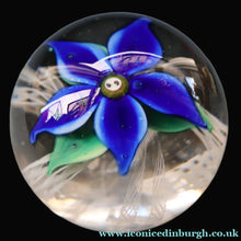 Load image into Gallery viewer, SCOTTISH GLASS. Large Vintage 1960s Strathearn Paperweight with Blue Lampwork Flower and Latticino. MAGNUM SIZE
