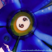 Load image into Gallery viewer, SCOTTISH GLASS. Large Vintage 1960s Strathearn Paperweight with Blue Lampwork Flower and Latticino. MAGNUM SIZE
