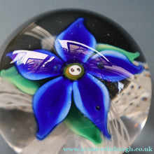 Load image into Gallery viewer, SCOTTISH GLASS. Large Vintage 1960s Strathearn Paperweight with Blue Lampwork Flower and Latticino. MAGNUM SIZE
