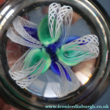 Load image into Gallery viewer, SCOTTISH GLASS. Large Vintage 1960s Strathearn Paperweight with Blue Lampwork Flower and Latticino. MAGNUM SIZE
