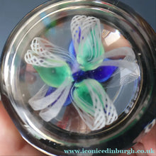 Load image into Gallery viewer, SCOTTISH GLASS. Large Vintage 1960s Strathearn Paperweight with Blue Lampwork Flower and Latticino. MAGNUM SIZE

