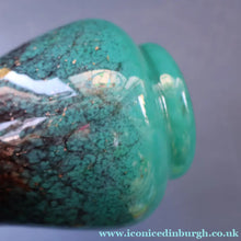 Load image into Gallery viewer, SCOTTISH GLASS. MONART Glass Vase. Bulbous Vase with Rim Shape RA. Plain Mottled Dark Aqua Green Glass. 4 3/4 inches high
