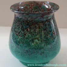 Load image into Gallery viewer, SCOTTISH GLASS. MONART Glass Vase. Bulbous Vase with Rim Shape RA. Plain Mottled Dark Aqua Green Glass. 4 3/4 inches high
