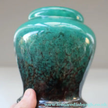 Load image into Gallery viewer, SCOTTISH GLASS. MONART Glass Vase. Bulbous Vase with Rim Shape RA. Plain Mottled Dark Aqua Green Glass. 4 3/4 inches high

